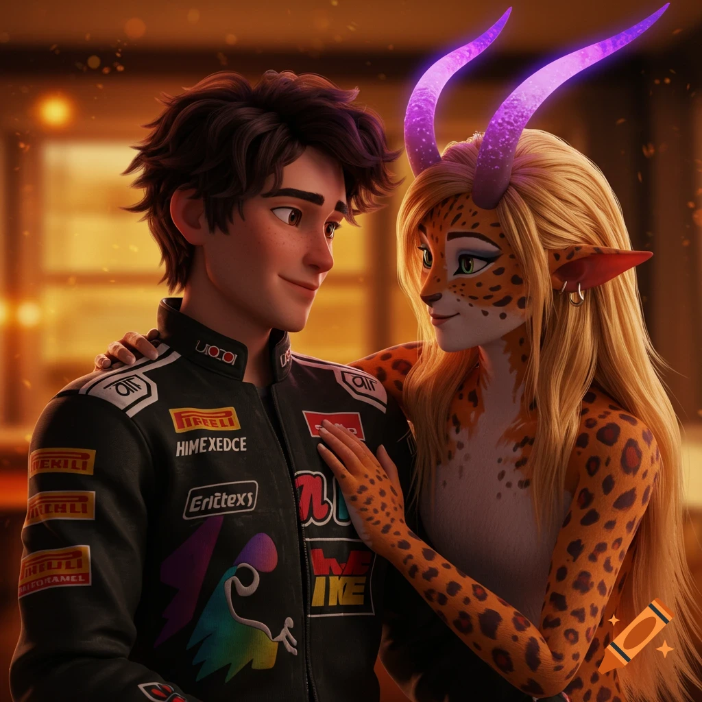 A young man in a racing jacket and a blonde, leopard-spotted humanoid with glowing horns look at each other affectionately in a warm, cinematic 3D render.