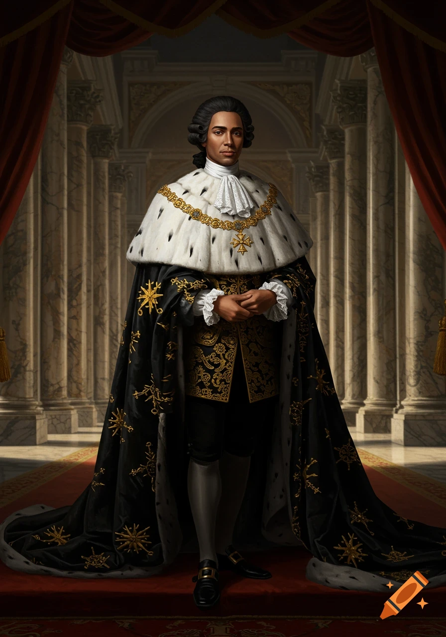 A dark-skinned man with powdered black hair, dressed in a black and gold embroidered velvet cloak with white fur, stands in a grand hall.