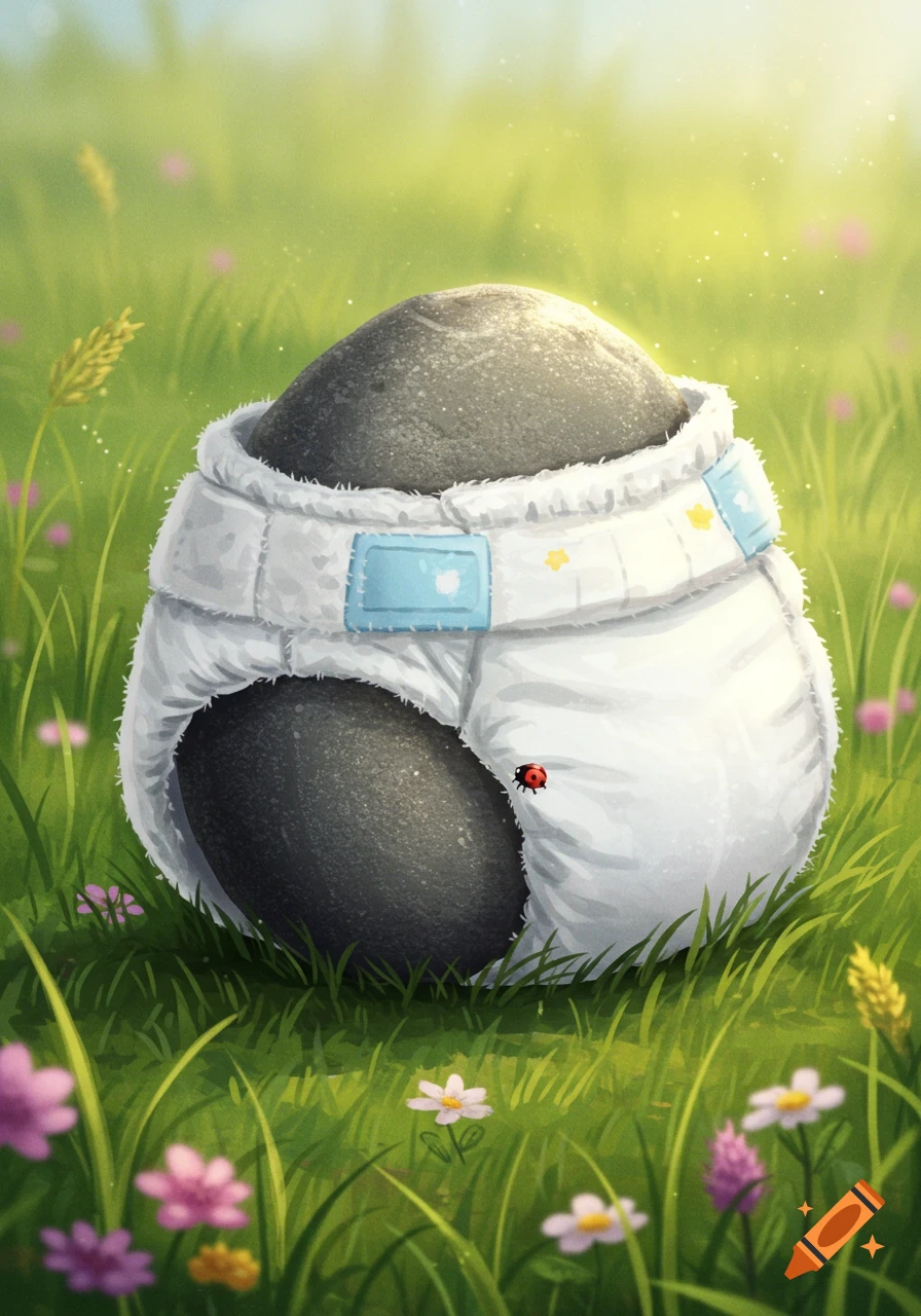 An illustrated rock wearing a white diaper with blue tabs and yellow stars, resting in a sunny green field with flowers and a ladybug.