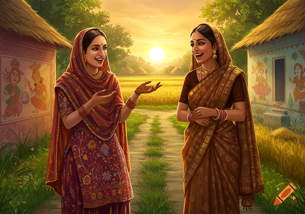 Two Indian women in traditional attire laughing and talking on a rural path between houses at sunset, in an illustrative style.