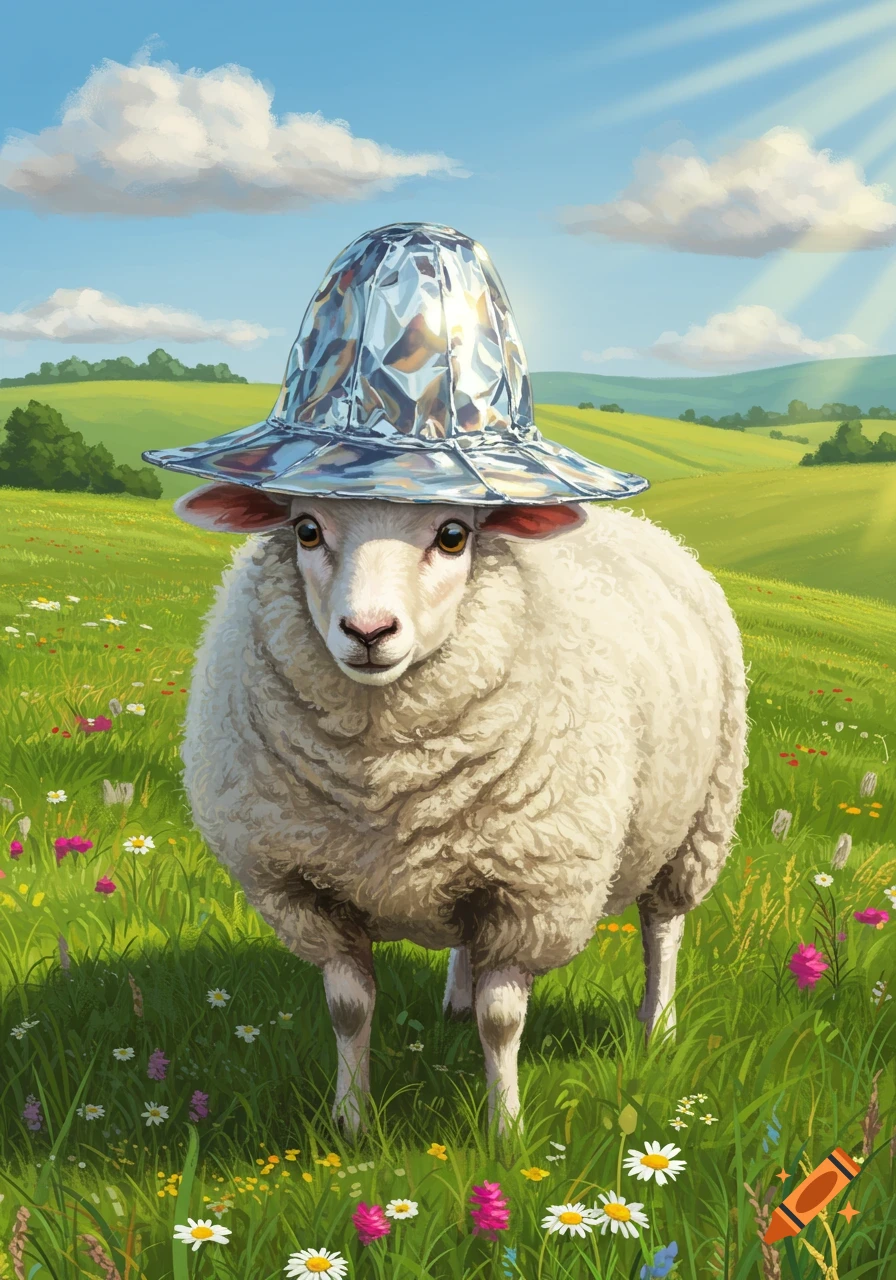 Fluffy white sheep wearing a shiny tinfoil hat stands in a vibrant green field with wildflowers under a blue sky.