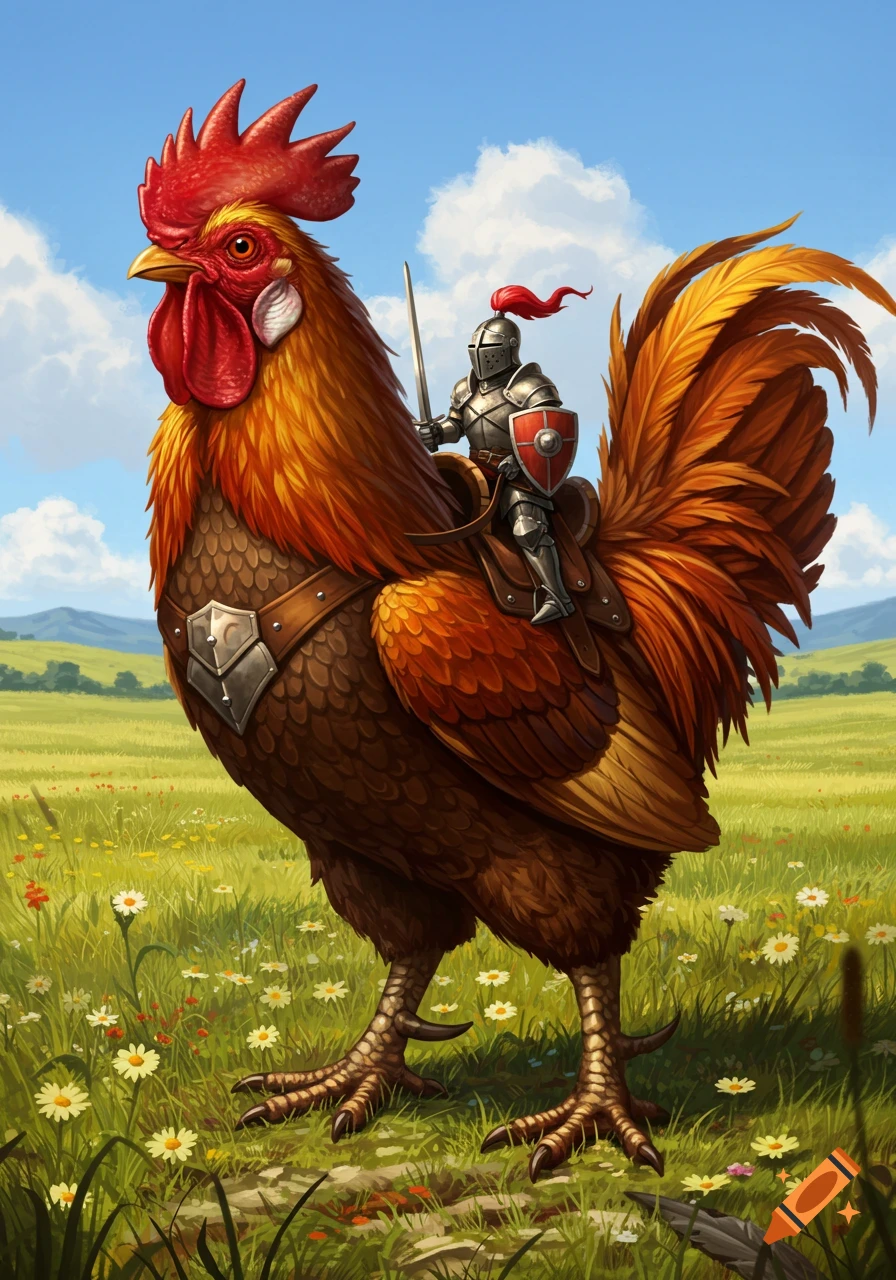 A knight in shining armor rides a giant, majestic rooster through a sunlit, grassy field with wildflowers.