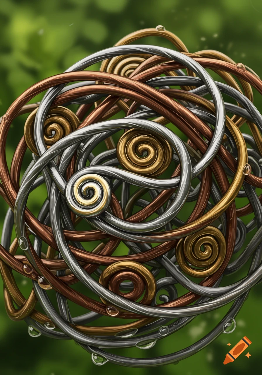 An intricate abstract tangle of gold, silver, and copper wires with water droplets, against a soft green background.