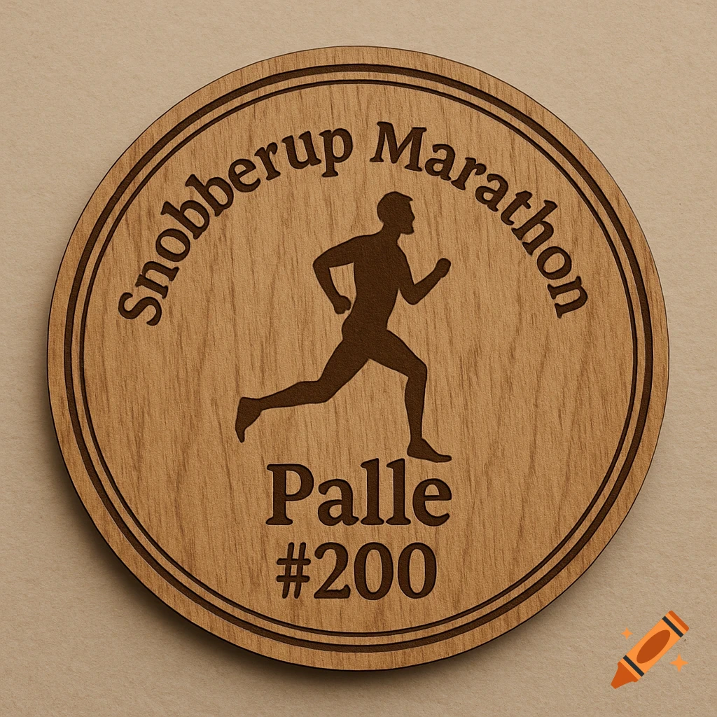 Round wooden medal with 'Snobberup Marathon', a running man silhouette, and 'Palle #200' engraved.