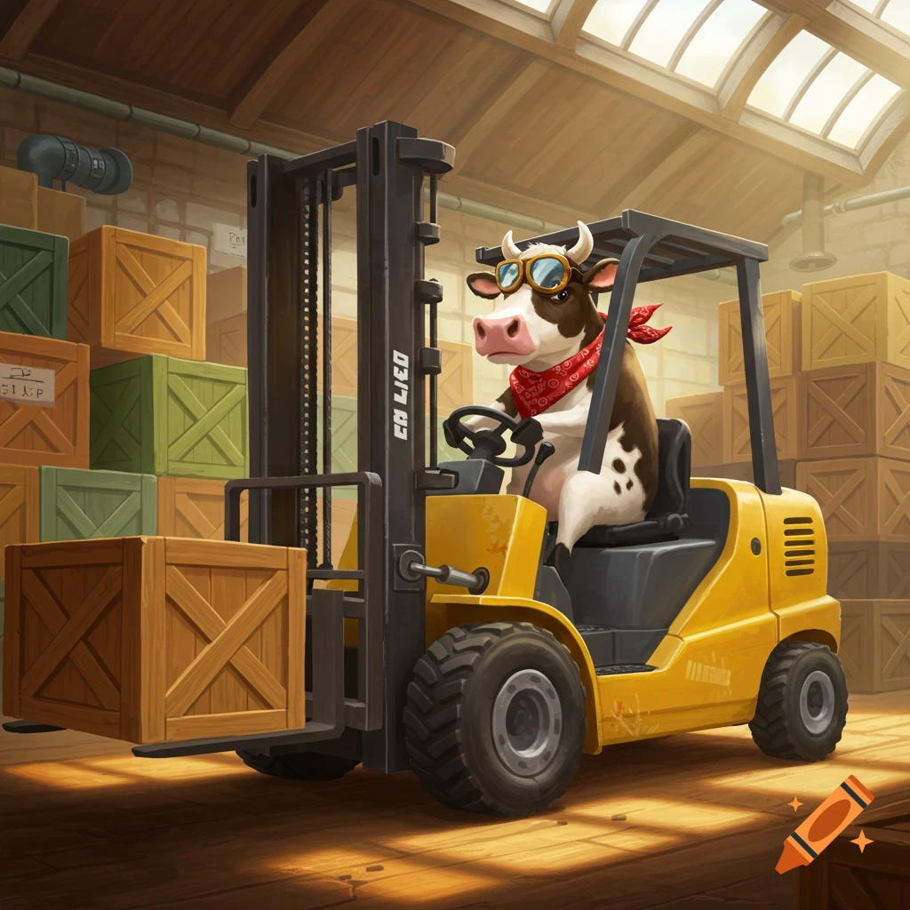 A cartoon cow wearing goggles and a bandana drives a yellow forklift, carrying a wooden crate in a warehouse.