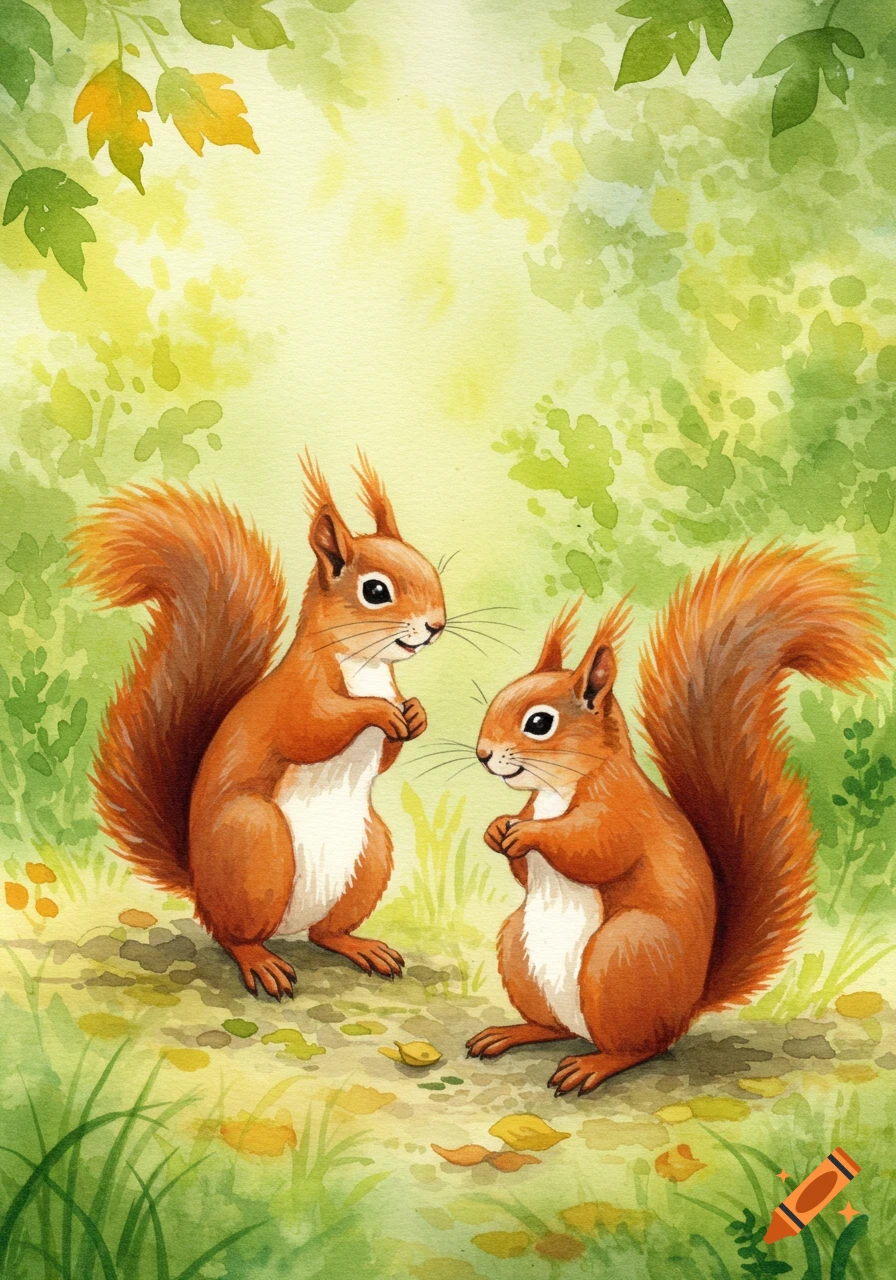 Two red squirrels in a sunlit forest clearing, rendered in a whimsical watercolor children's book style.