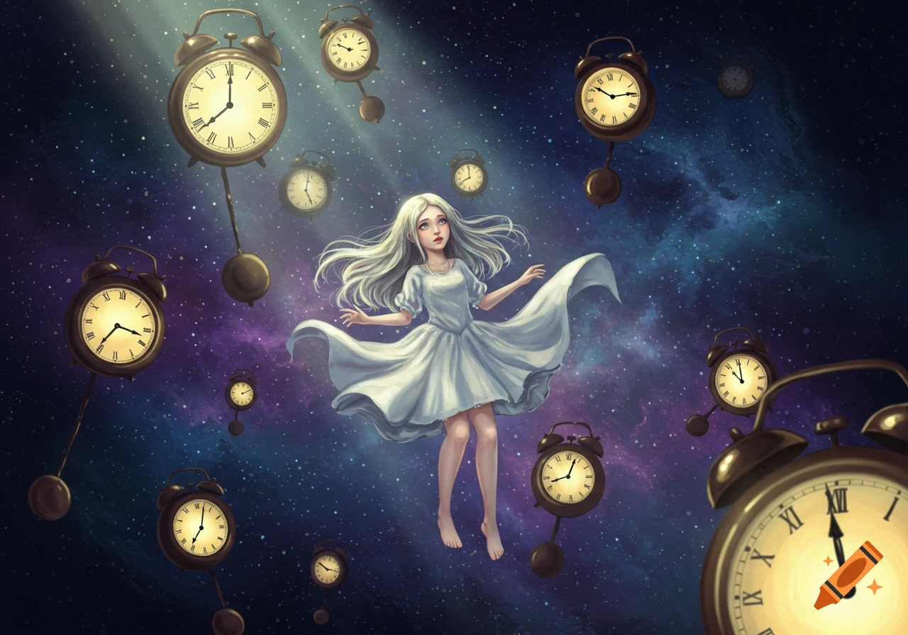 A white-haired girl in a white dress floats gracefully amidst numerous antique alarm clocks against a starry, mystical purple and blue galaxy background. Digital art style.