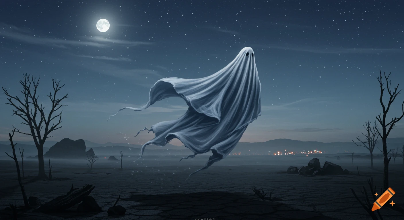A flowing white ghost floats over a desolate, cracked earth landscape at night, under a bright full moon and starry sky.