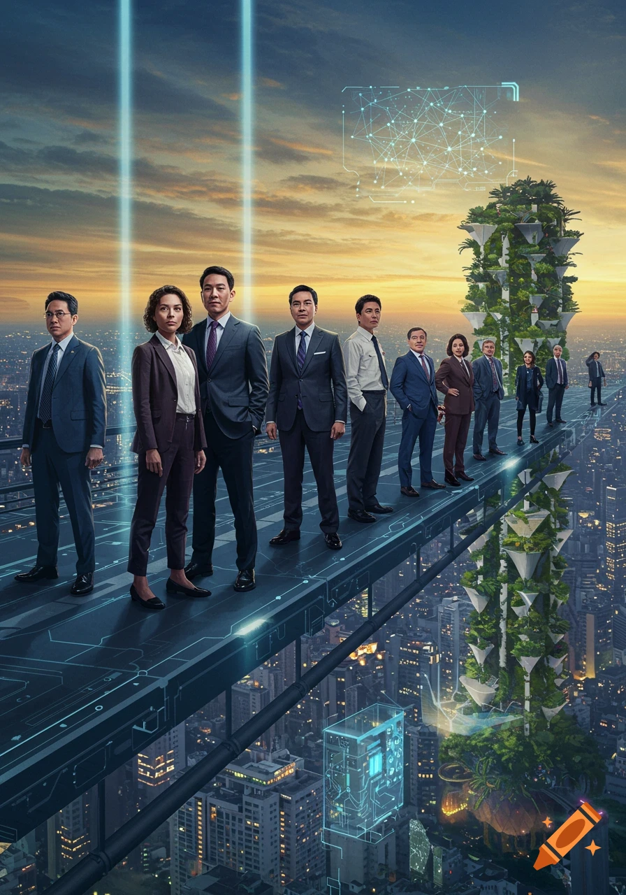 Diverse business professionals stand on a futuristic high-tech platform overlooking a city skyline at sunset, with a vertical farm and glowing tech.