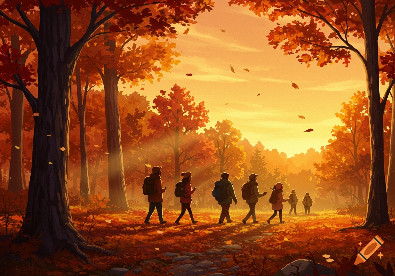 A group of hikers walks through a vibrant autumn forest at sunset, with golden light filtering through orange and red trees.