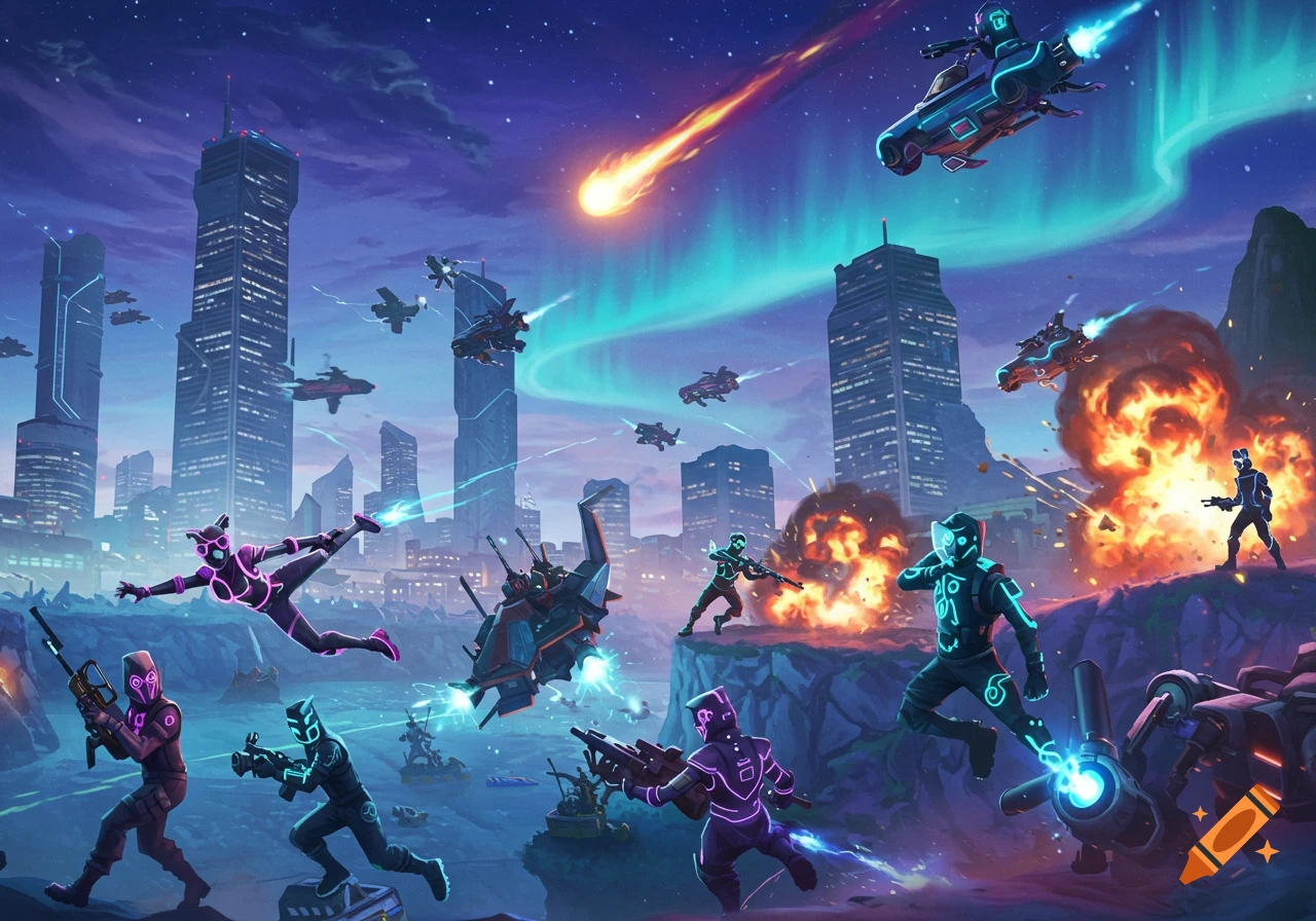 A vibrant, stylized futuristic battle scene at night, with neon-suited characters in combat, flying vehicles, explosions, a cityscape, and an aurora.