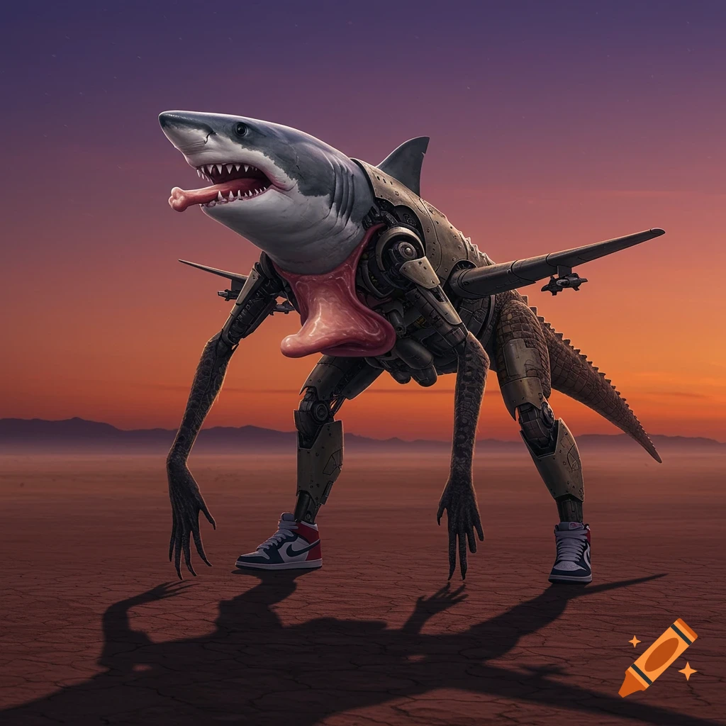 A monstrous hybrid creature with a shark head, crocodile-robot body, baboon-like arms, and two legs wearing Nike sneakers, stands in a desert at sunset.