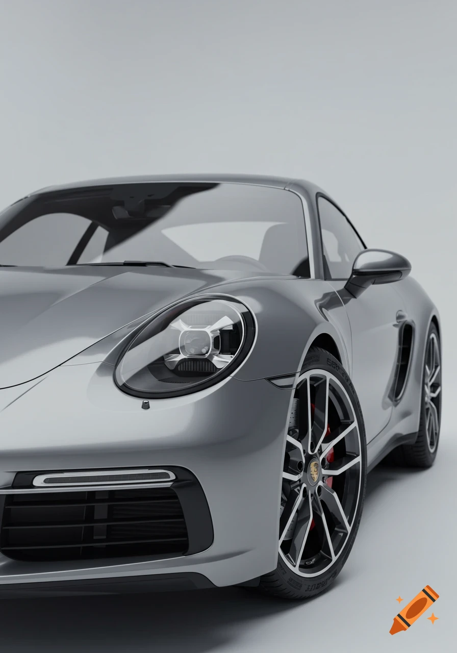 Photorealistic close-up of a silver Porsche sports car, front-side view on a plain background.
