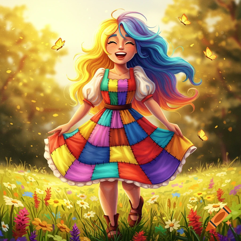 A cheerful girl with yellow and blue hair in a colorful patchwork dress skips in a sunny field of wildflowers with butterflies.