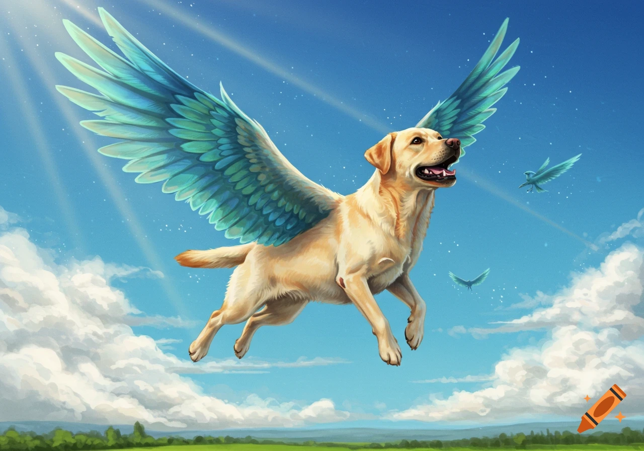A golden Labrador with large blue-green wings flies through a bright blue sky with clouds, above a green landscape, digital art.