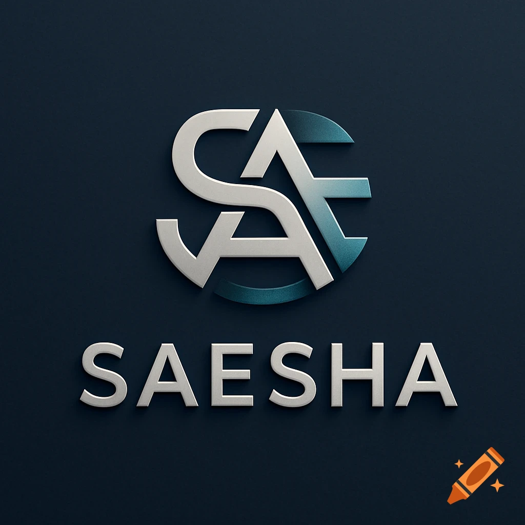 A modern 3D logo featuring stylized silver and teal letters within a circle, with the name 'SAESHA' in silver below it.