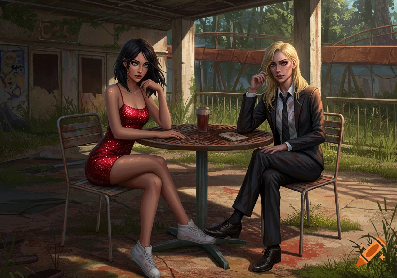 Two women, one in a red dress and white sneakers, the other in a black suit, sit at a dirty table in a rundown outdoor area.