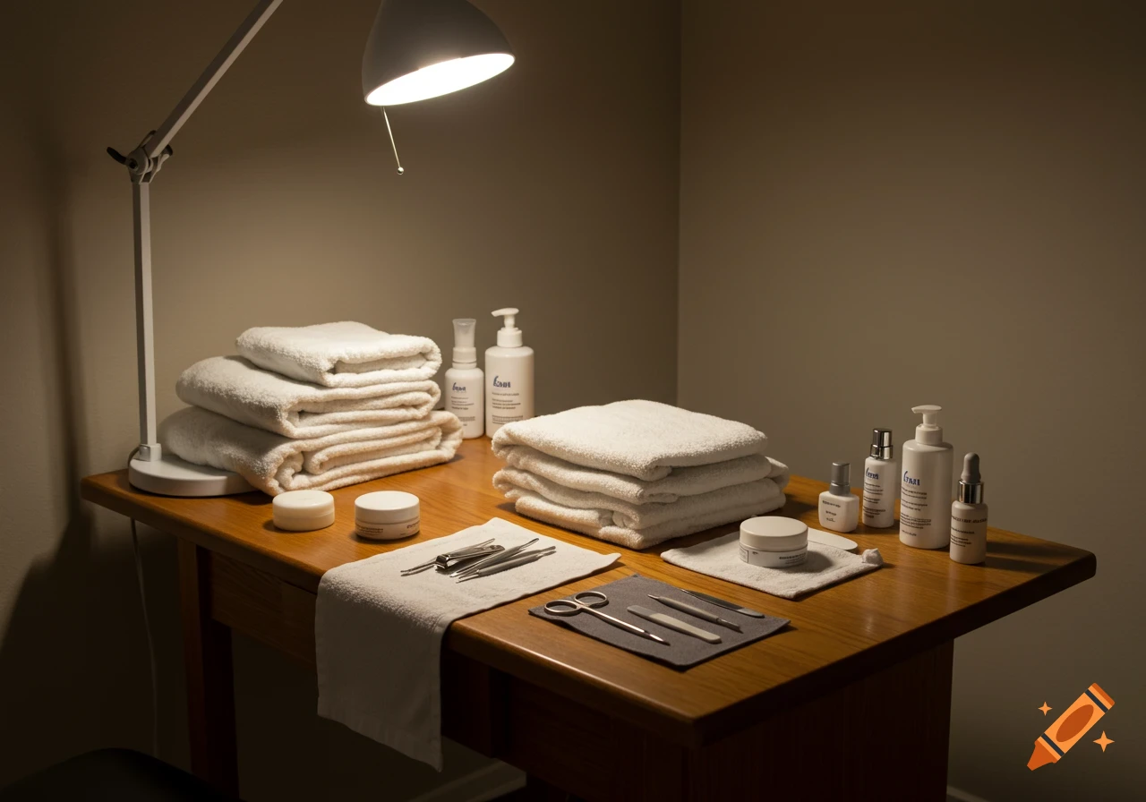 A cozy table with white towels, foot care tools, and cream bottles under a bright lamp for a professional foot care session.