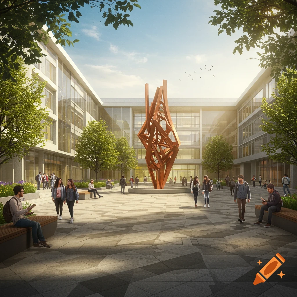 A sunny university courtyard with modern buildings, a large abstract sculpture, trees, and students walking and sitting. Photorealistic.