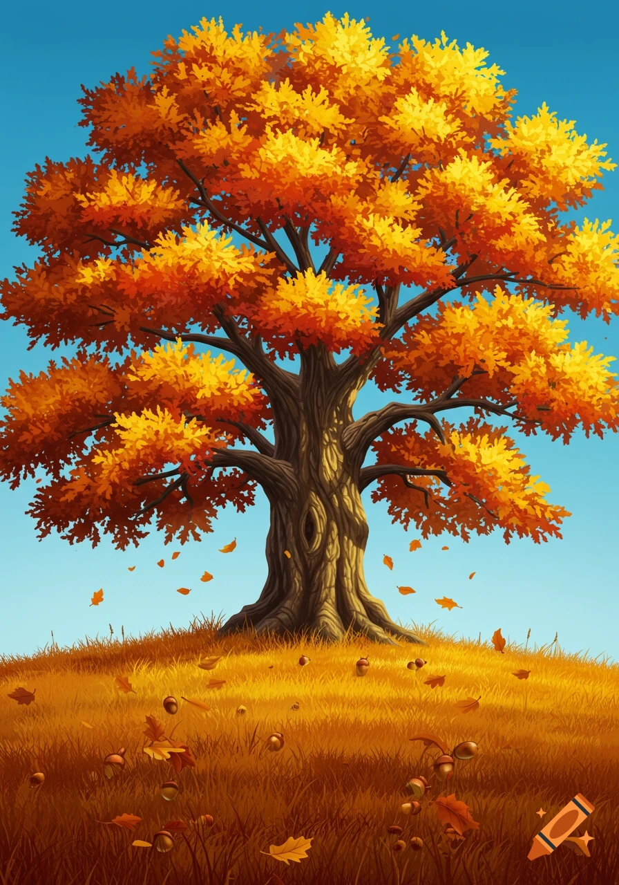 An illustrative autumn oak tree with golden and orange leaves on a grassy hill, with some leaves and acorns scattered below, against a clear blue sky.
