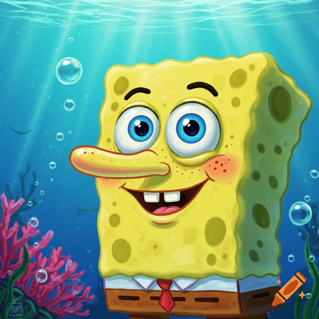 A happy Spongebob Squarepants cartoon character with buck teeth, a long nose, and red freckles, smiling underwater with coral and bubbles.