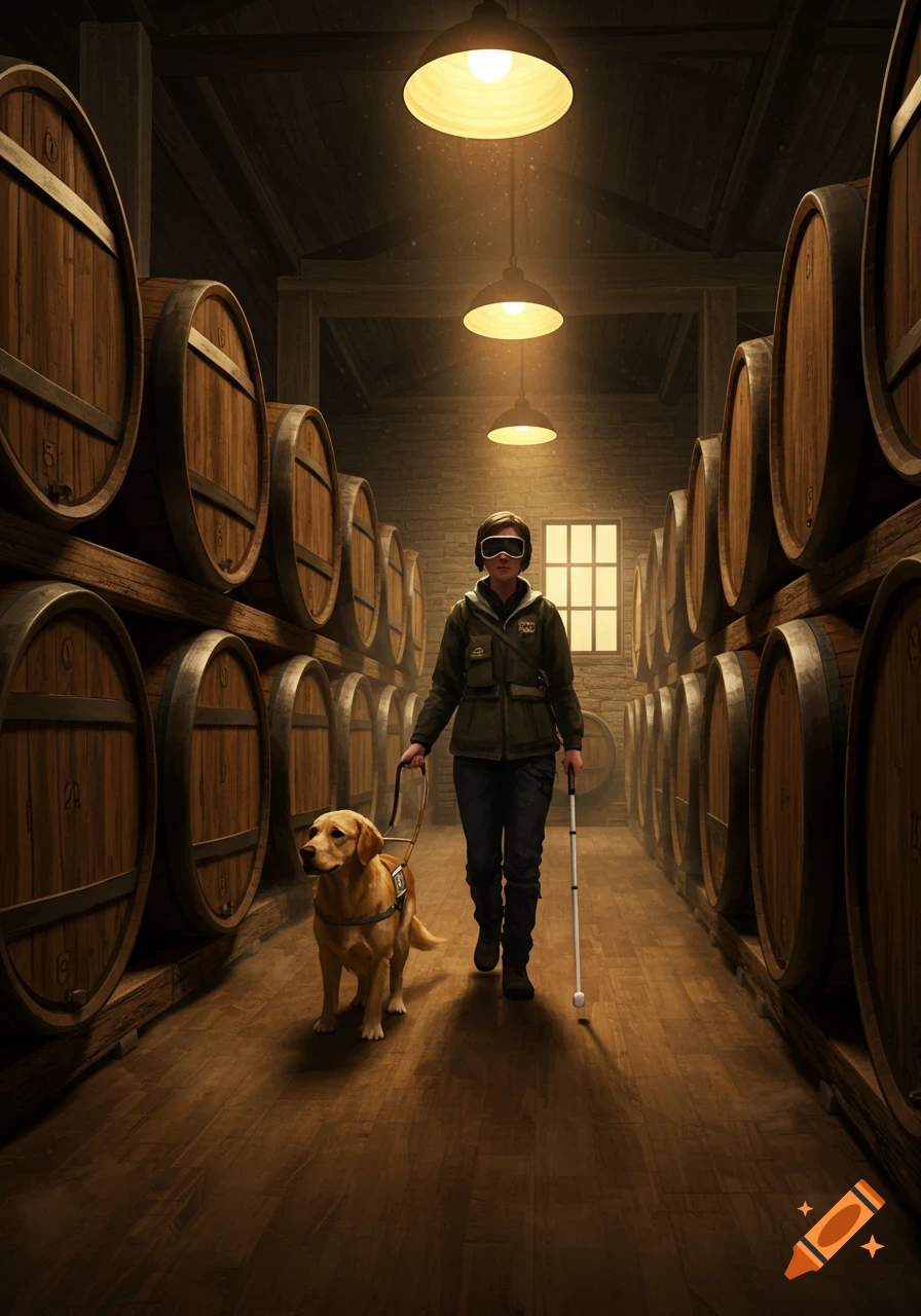 A blind person with a white cane and a guide dog walks through a dark whisky distillery lined with wooden barrels under warm hanging lights, photorealistic.