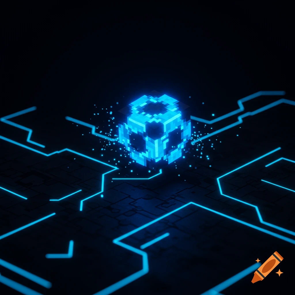 A glowing blue pixelated cube sits on a dark background with illuminated circuit-like lines, in a digital art style.