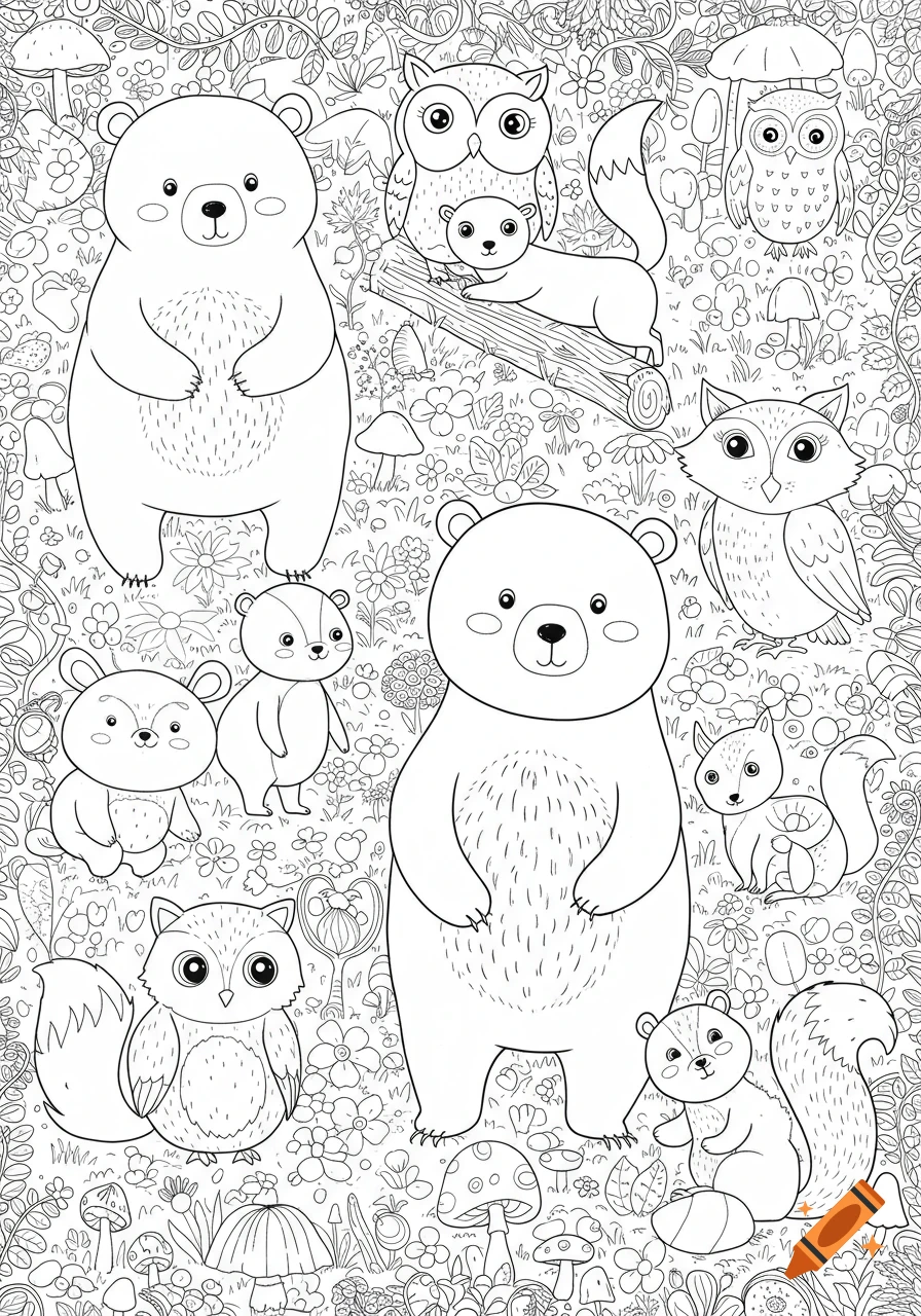 Black and white line art of cute cartoon forest animals including bears, owls, weasels, and squirrels, designed for a coloring book.