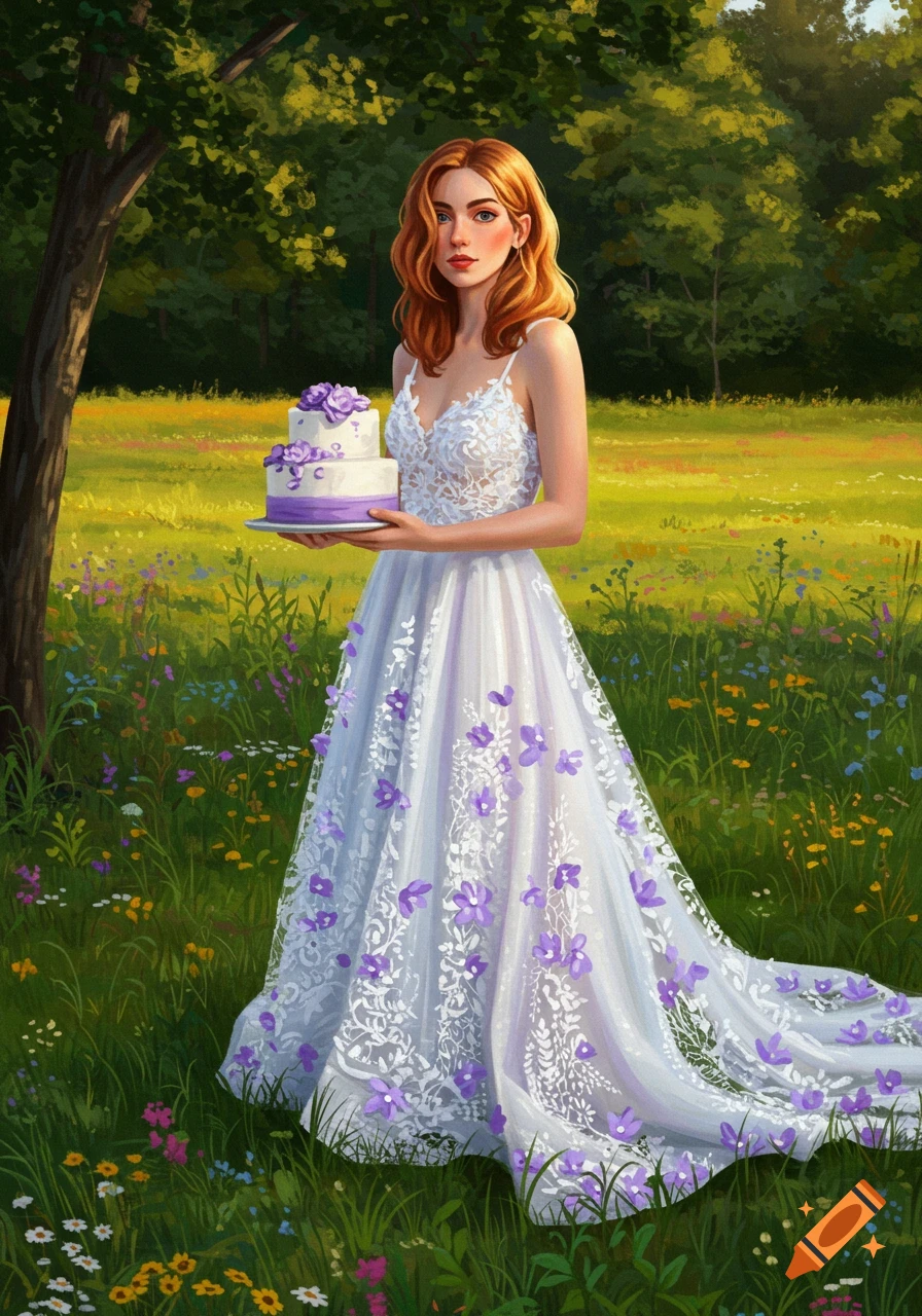 A woman in a white dress with purple flowers holds a two-tier cake in a vibrant green field with trees and wildflowers in a painterly style.