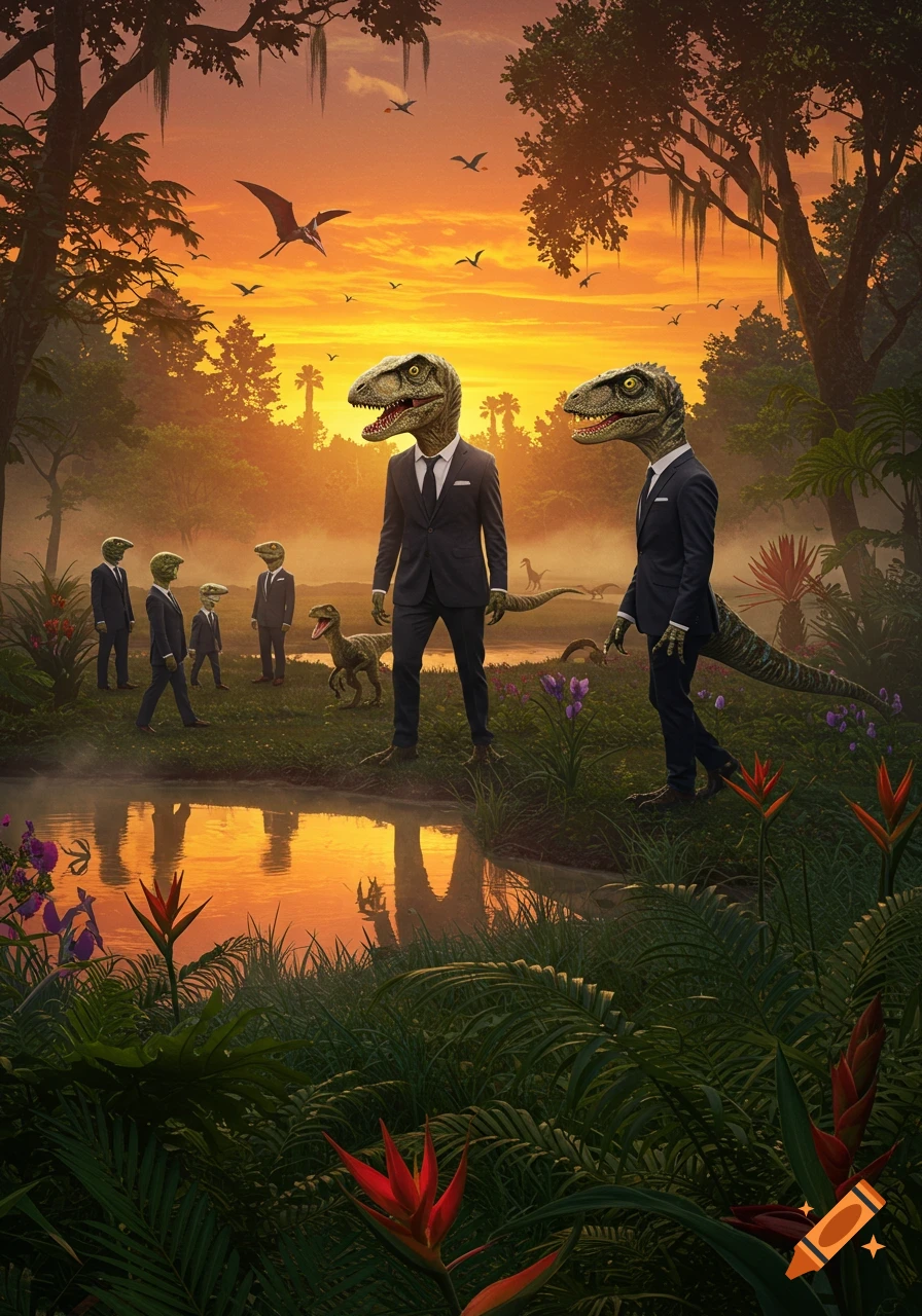 Photorealistic image of dinosaurs in suits standing by a river in a prehistoric jungle at sunset.