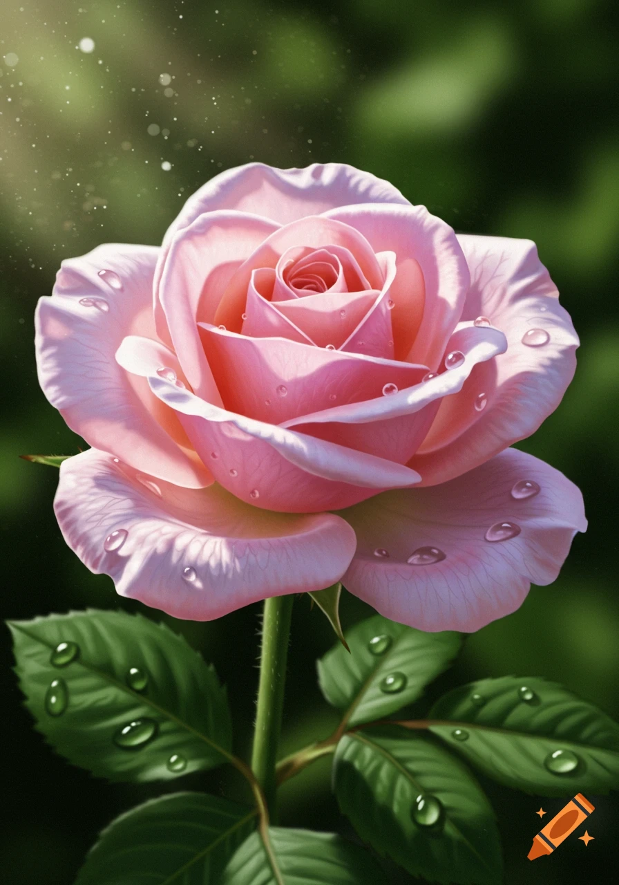 Close-up of a vibrant pink rose covered in glistening dewdrops, with a soft, blurred green background, in a photorealistic style.