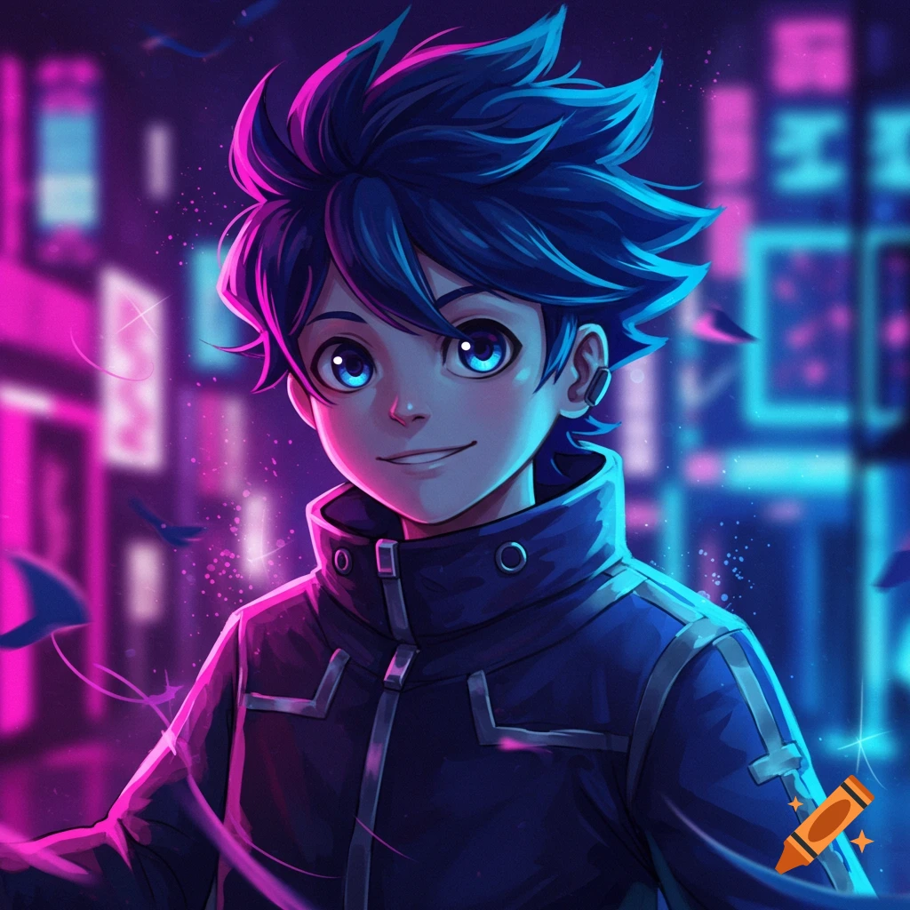 Smiling anime boy with spiky blue hair and glowing blue eyes in a neon cyberpunk city background.