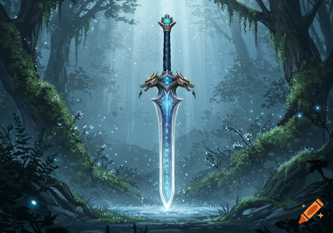 A glowing blue and silver fantasy sword with a dragon-head hilt stands upright in a misty, magical forest.