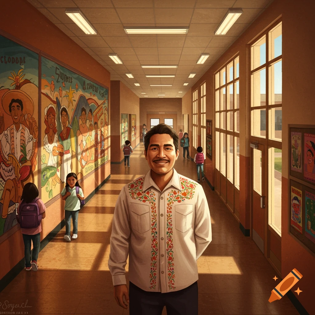 A smiling Latino man in an embroidered shirt stands in a school hallway with vibrant murals and children in the background.