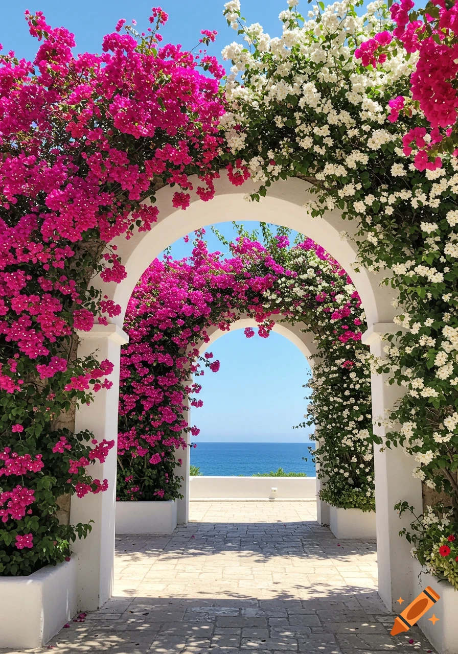 Photorealistic scene of a white architectural archway covered in vibrant pink and white bougainvillea, overlooking a blue sea under a clear sky.