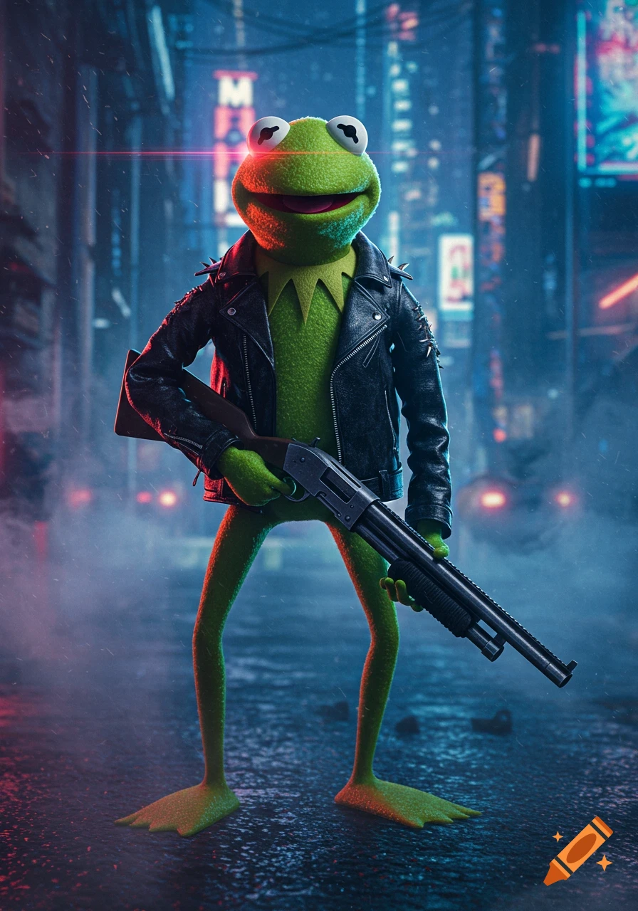 Photorealistic Kermit the Frog in a black leather jacket holds a sawed-off shotgun on a wet, neon-lit cyberpunk city street at night.