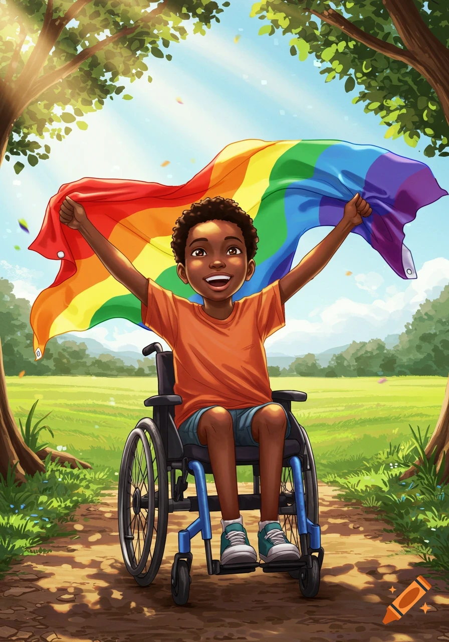 A happy Black child in a wheelchair on a sunny path, holding a colorful pride flag with arms raised. Digital illustration.