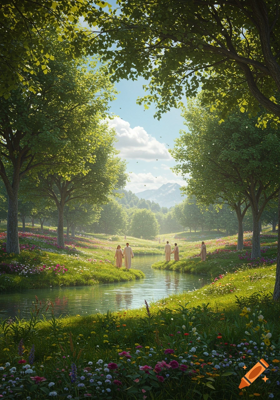 Lush green trees frame a river in an idyllic meadow filled with wildflowers, where robed figures walk along the banks.
