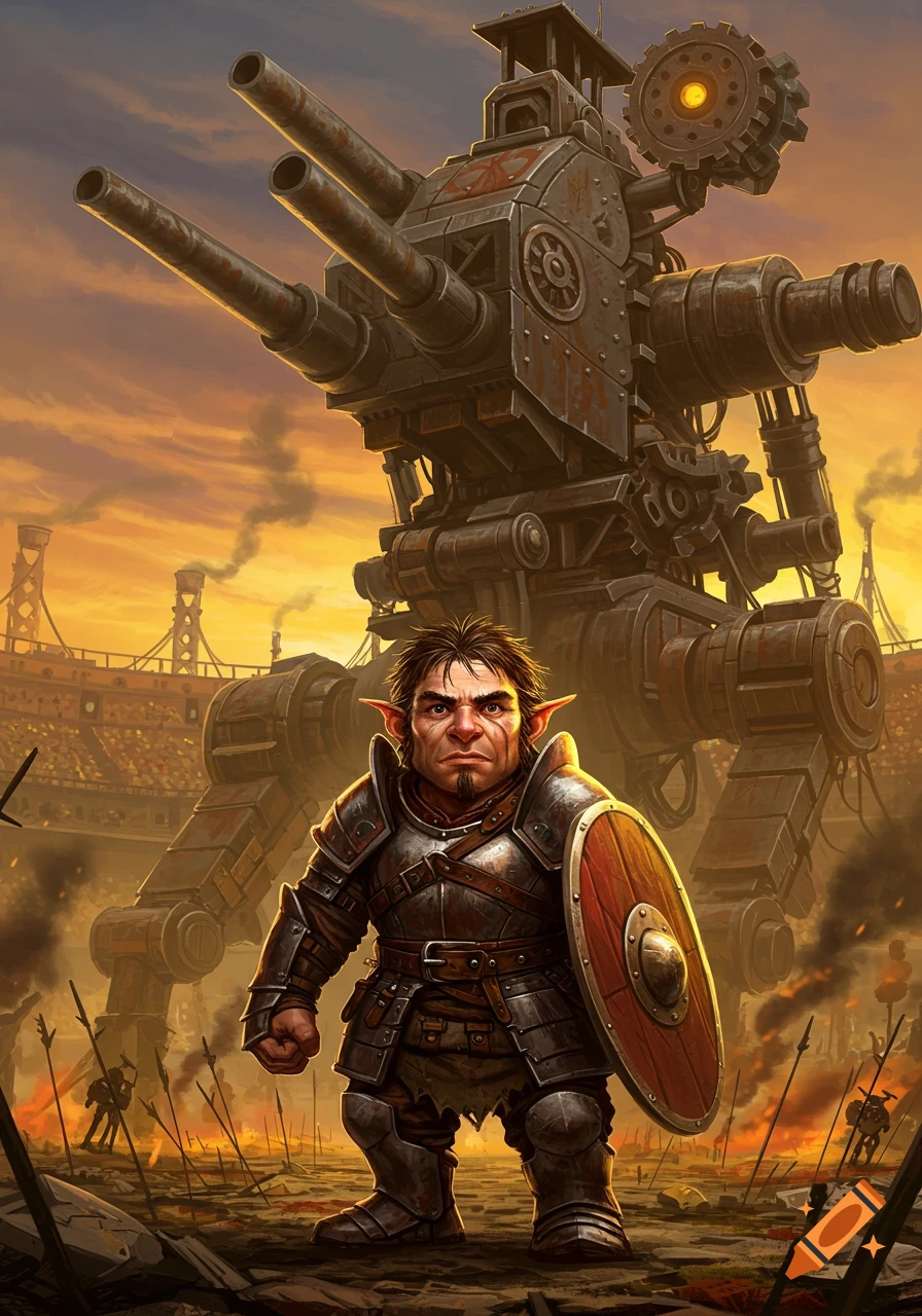 A battle-worn halfling gladiator with a shield stands before a large steampunk war machine in a sunset-lit, war-torn arena.