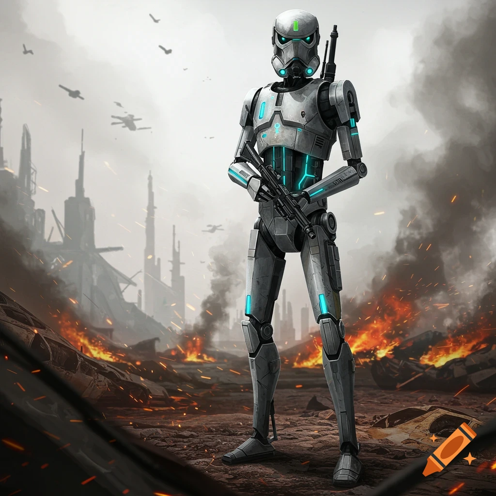 A futuristic commando droid stands holding a rifle in a burning, ruined city under a smoky sky.