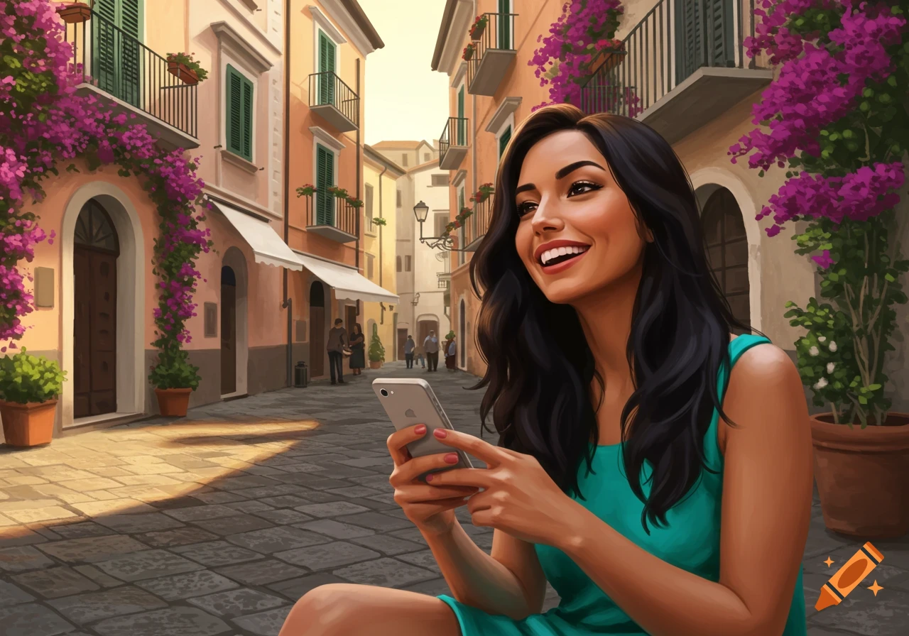 A smiling young woman in a teal dress holds a phone on a sunny cobblestone street lined with buildings adorned with purple bougainvillea.