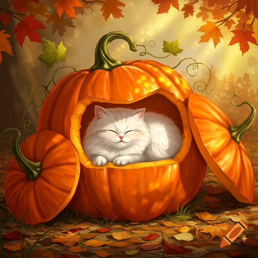 A fluffy white cat sleeps soundly inside a hollowed-out pumpkin, surrounded by colorful autumn leaves, in a warm illustrative style.