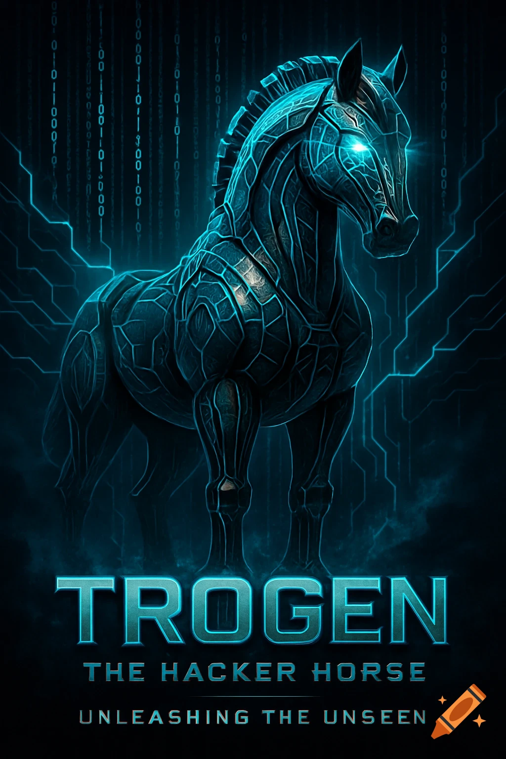 Cyberpunk poster of a glowing blue cybernetic horse against a binary code background, with text 'TROGEN THE HACKER HORSE'.
