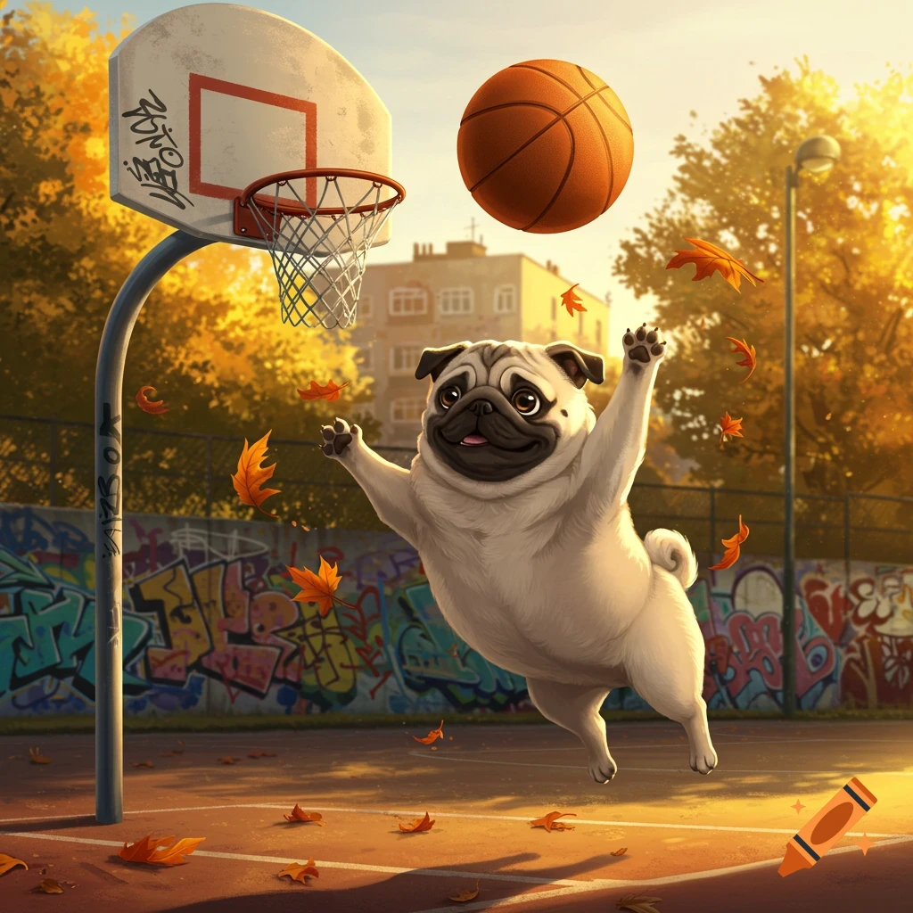 A cartoon pug dog leaps in the air to catch a basketball on an outdoor court surrounded by autumn leaves and graffiti.