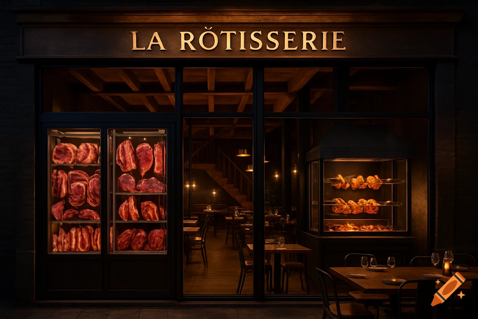 A dimly lit storefront of a restaurant called 'LA RÖTISSERIE' at night, featuring a transparent cold room with raw meat, a rotisserie with cooking chickens, and warm-lit dining tables inside.