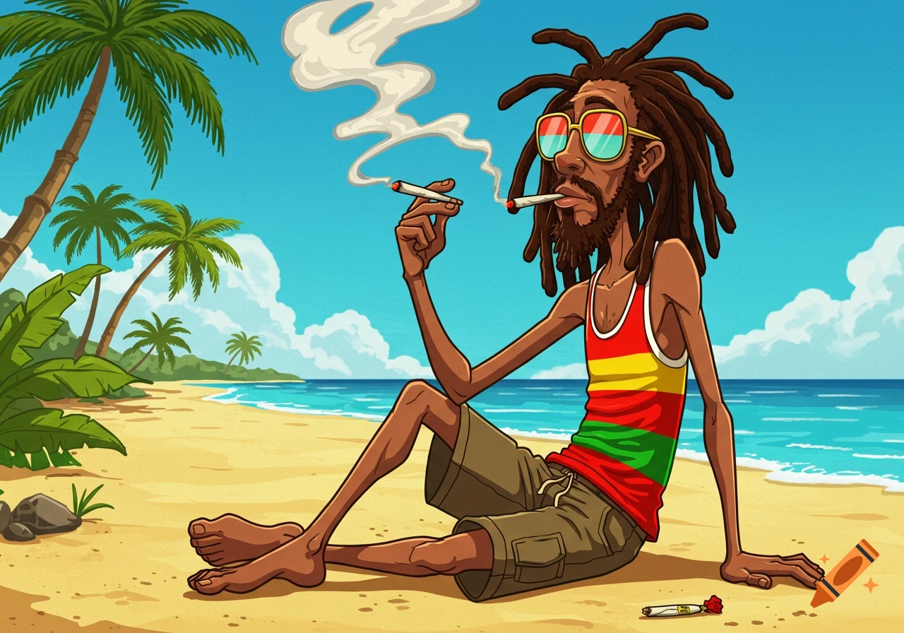 Cartoon Rasta man with dreadlocks, sunglasses, and a striped tank top, sitting on a sandy beach, smoking, with palm trees and ocean.