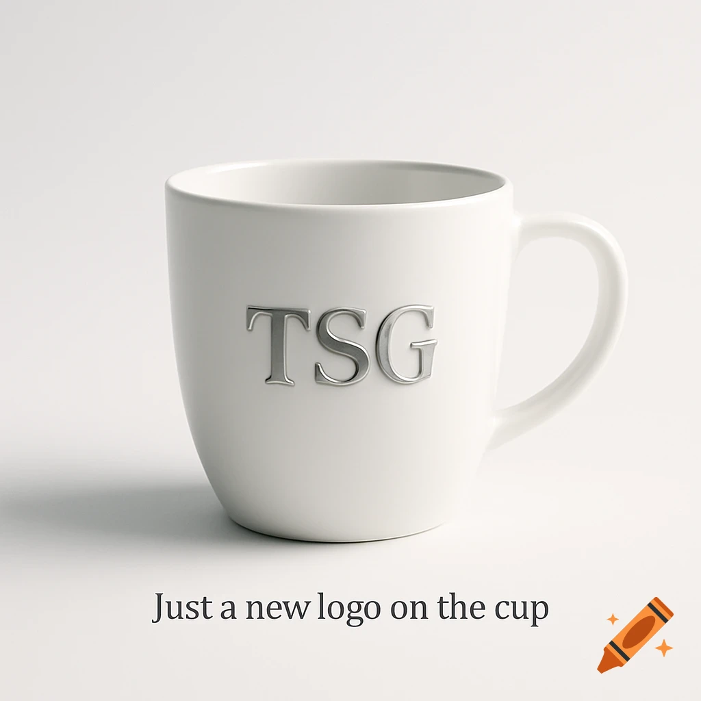 A white coffee cup with a shiny silver "TSG" logo on the front, set against a plain white background. Below the cup, the text reads "Just a new logo on the cup".