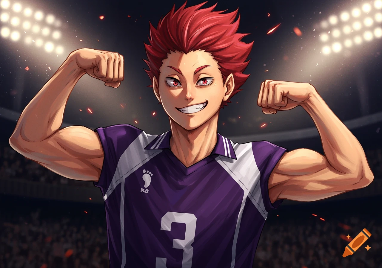 Anime illustration of Tendō Satori from Haikyuu!! flexing his biceps in a purple volleyball jersey under stadium lights.
