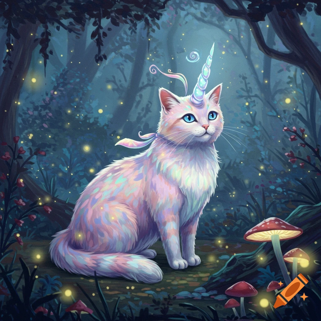 A whimsical, iridescent unicorn-cat with blue eyes sits in a glowing, enchanted forest, surrounded by mushrooms and fireflies.