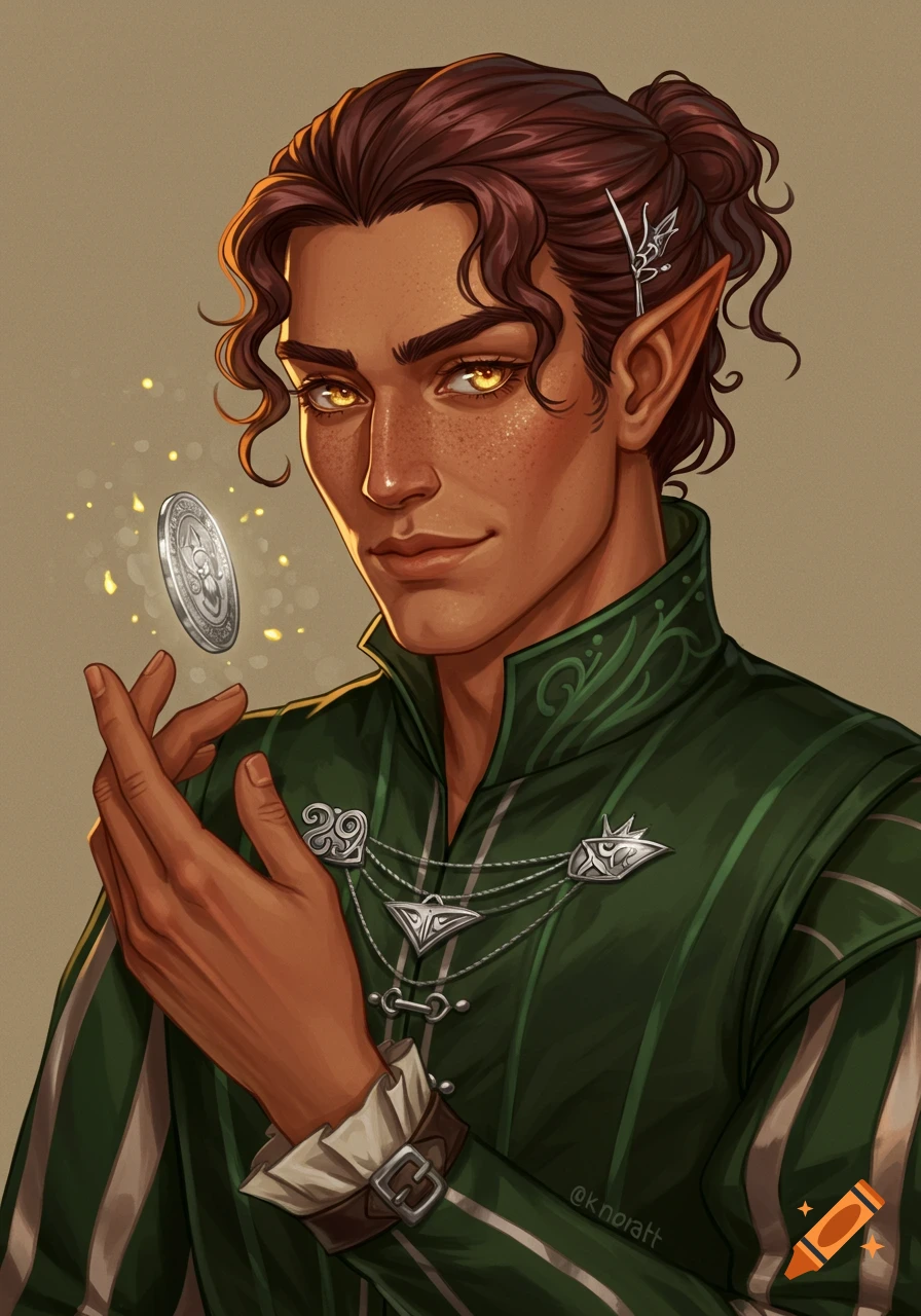 A dark-skinned half-elf with golden eyes and brown hair wears a green doublet, spinning a silver coin in his hand in a fantasy illustration.